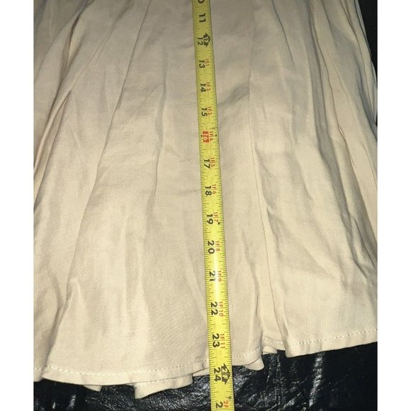 Linen Blend Pleated Skirt Big Zipper Khaki Tan Flare Western Boho Size 12 Greece - Picture 8 of 9